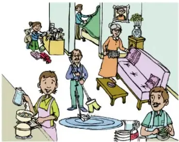 Varias personas realizando tareas del hogar en conjunto: Participación colaborativa.