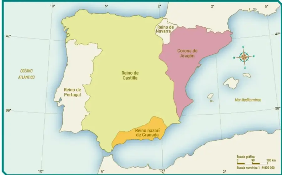 Mapa histórico de la península ibérica titulado 'Diferencia de los reinos de Castilla y Aragón'. Muestra el Reino de Castilla en verde, la Corona de Aragón en rosa, el Reino de Navarra en gris, el Reino de Portugal en blanco y el Reino nazarí de Granada en amarillo. Incluye rosa de los vientos, escala gráfica y coordenadas.