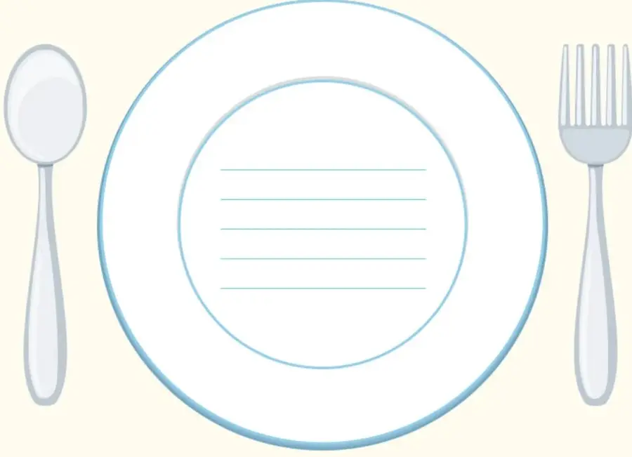 Plato grande blanco con borde azul y cinco líneas para escribir, acompañado de una cuchara a la izquierda y un tenedor a la derecha, como serivicio de mesa.