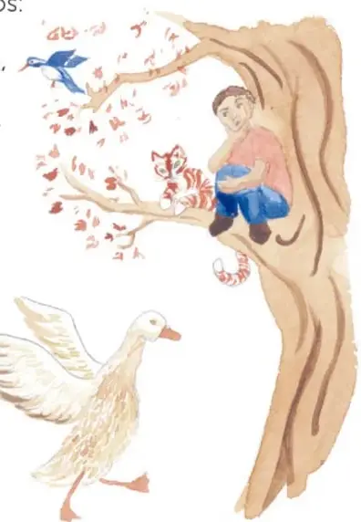 Acuarela de un niño sentado en el árbol con un gatito anaranjado y un pajarito azul volando cerca.