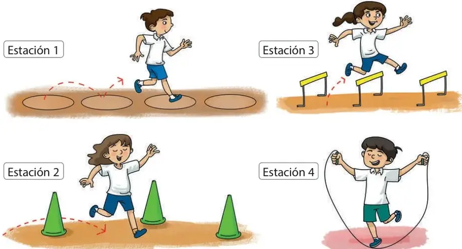 Estación 1: niño corriendo entre aros apoyados en el suelo, con flechas rojas que indican el recorrido.