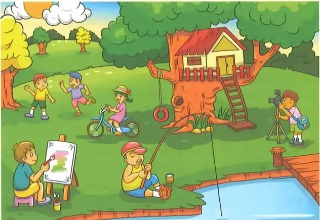 Ilustración de un parque en un día soleado. Varios niños juegan, corren, montan bicicleta, pintan, pescan, observan con un telescopio y utilizan una casa construida en un árbol.