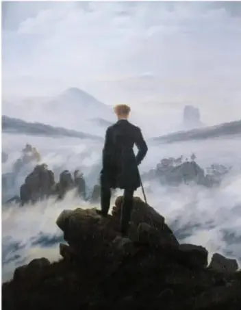 Caminante sobre el mar de nubes (1818), de Caspar David Friedrich: hombre de espaldas sobre una roca contemplando un mar de nubes.