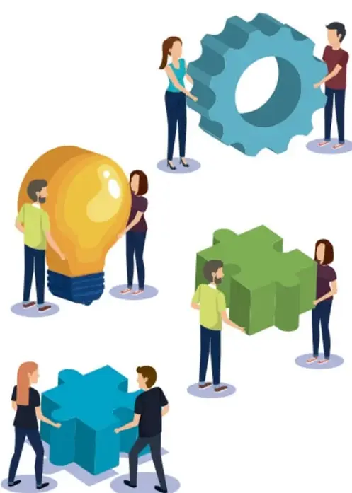 Ilustración isométrica de cuatro parejas de personas construyendo: una con un engranaje azul, otra con una bombilla amarilla (idea), otra con piezas de rompecabezas verdes y otra con piezas cian, simbolizando creatividad, innovación y trabajo colaborativo.