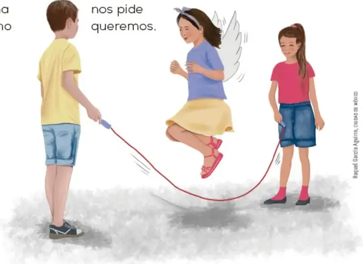 Ilustración de tres niños jugando a la cuerda: un niño con playera amarilla sostiene un extremo, una niña con vestido amarillo y alas de mariposa salta, y otra niña con playera rosa sostiene el otro extremo.