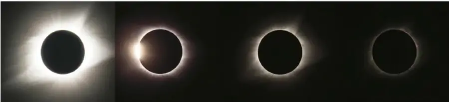 Secuencia de cuatro fotografías del progreso de un eclipse total de Sol: corona solar, anillo de fuego, corona completa y ocultación total.