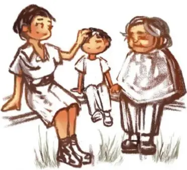 Ilustración de una familia sentada en una banca: una mujer, un niño y una persona mayor.