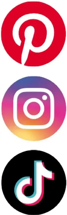 Tres íconos de redes sociales apilados verticalmente: Pinterest (P roja), Instagram (cámara con degradado) y TikTok (nota musical negra), que representan recursos digitales de presentación.