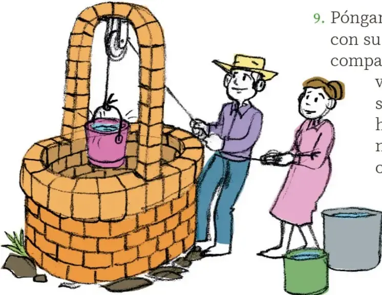 Ilustración de un pozo circular de ladrillo color naranja con un arco también de ladrillo, del que cuelga una polea con cuerda y una cubeta rosada con agua; un hombre con sombrero de paja, camisa morada y pantalón azul jala la cuerda, y una mujer con vestido rosa observa; en el piso hay dos cubetas, una verde y una gris azulada, con agua.