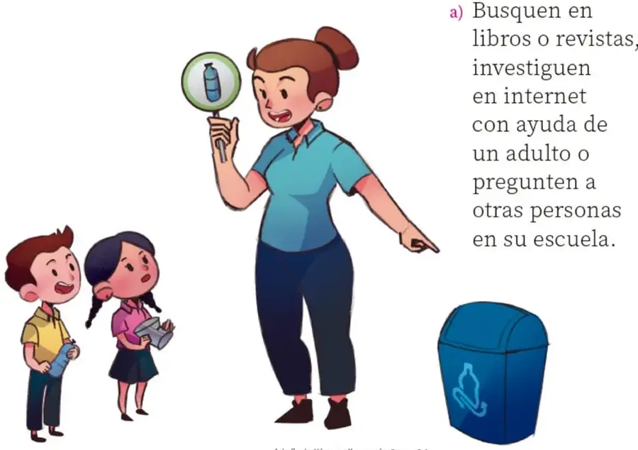 Ilustración de una maestra que sostiene una lupa mostrando una botella; a su lado dos niñas observan con curiosidad; al fondo un bote azul de reciclaje. Crédito: Ada Paola Vázquez Harroquín, Tamaulipas.