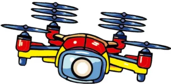 Ilustración de un dron o cuadricóptero rojo, amarillo y azul con hélices y cámara; crédito de Ruttila Vega Rubio, Tlaxcala.