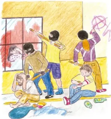 Ilustración a color de niños realizando actos de vandalismo (pintando paredes, dañando bienes) en un espacio urbano. Crédito: Gabriel Ramón García, VERACRUZ.