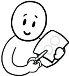 Personaje de palo recortando con tijeras unos círculos de papel