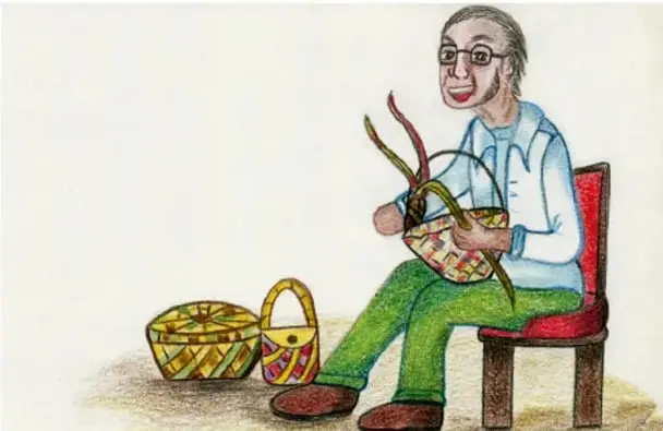 Ilustración a color de un artesano canoso con lentes, sentado en una silla roja, tejiendo una canasta con fibras en las manos; junto a sus pies hay dos canastas decoradas terminadas. Crédito vertical: Elizabeth Solé Balderras, ITACLLA.