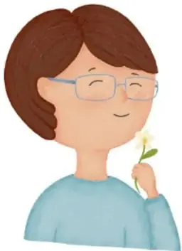Ilustración de una persona de pie oliendo una flor imaginaria a la altura de la nariz (inhalación).