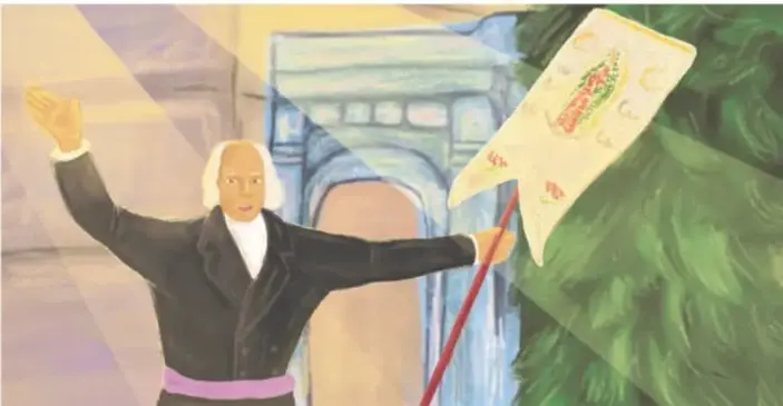 Ilustración de Miguel Hidalgo y Costilla con sotana negra, banda morada, sosteniendo un estandarte con la imagen de la Virgen de Guadalupe, en actitud de arenga. Al fondo, una iglesia y follaje. Crédito: Vivian Lissette Esquivel Martínez, Estado de México.