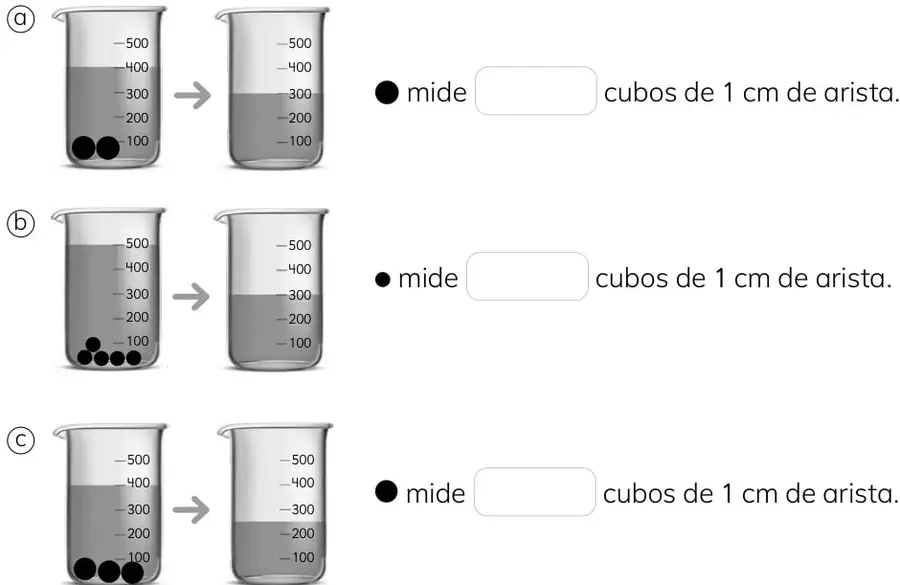 Dos probetas: la primera con agua hasta 300 unidades y la segunda con una piedra sumergida y agua hasta 400 unidades.