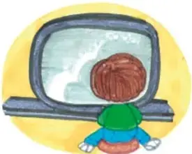 Ilustración de un niño viendo la televisión, con la leyenda 'Me parezco a Juan porque me gusta ver la televisión.'