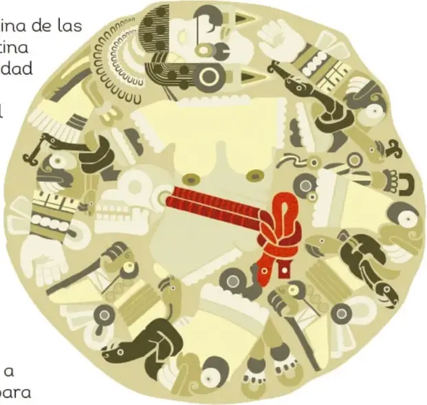 Ilustración estilizada del disco de Coyolxauhqui con figuras en tonos verde oliva, crema y un lazo rojo al centro.