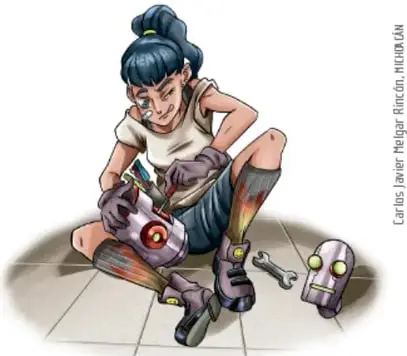 Ilustración de una estudiante sentada en el piso trabajando con una herramienta y piezas de un dispositivo mecánico; créditos a Carlos Javier Mégana Rincón, México.