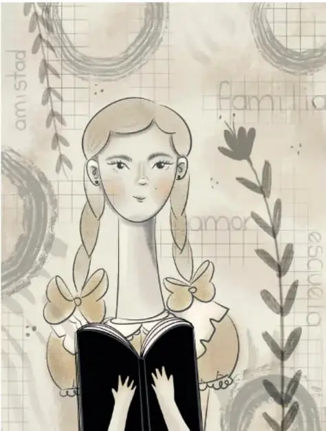Ilustración de una persona sentada leyendo un libro verde, rodeada de un fondo azul con estrellas, planetas, un cohete y un sol. Al lado, el nombre de la ilustradora Ana María Hernández Hernández, zona de México.