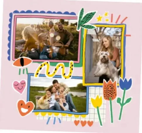 Collage con tres fotografías familiares enmarcadas con cintas de colores, decorado con flores, corazones y estrellas dibujadas.