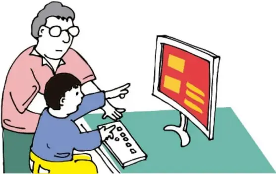 Dibujo de un adulto con lentes junto a un niño que escribe en un teclado frente a una computadora de escritorio, simulando una investigación en internet (Rutila Vega Rubio, Tlaxcala).