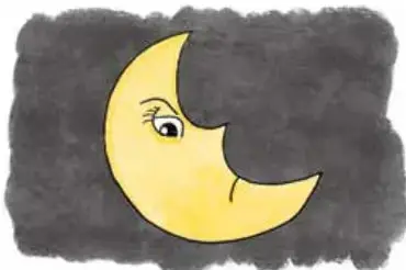 Luna amarilla con expresión de enojo sobre fondo oscuro.