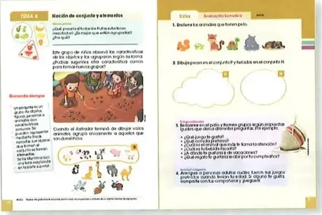 Ejemplo de una página de contenido y evaluación formativa sobre nociones de conjuntos y elementos.