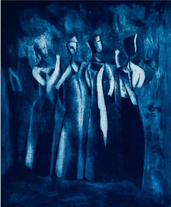 Obra textil en tonos azules titulada *Los fantasmas* (1966), con figuras alargadas y fantasmales en fila.
