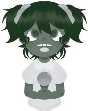 Ilustración de una niña con cabello oscuro y coletas, sosteniendo un micrófono, con expresión seria. Al lado, texto vertical: 'Angélica Isabel Pérez Medina. Tlanuwas'.