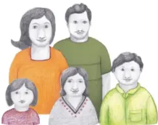 Ilustración de una familia nuclear: papá, mamá y tres hijos.
