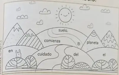 Paisaje con sol, montañas, río y palabras dispersas: 'suelo', 'comienza', 'El planeta', 'en', 'cuidado', 'del', 'el'.