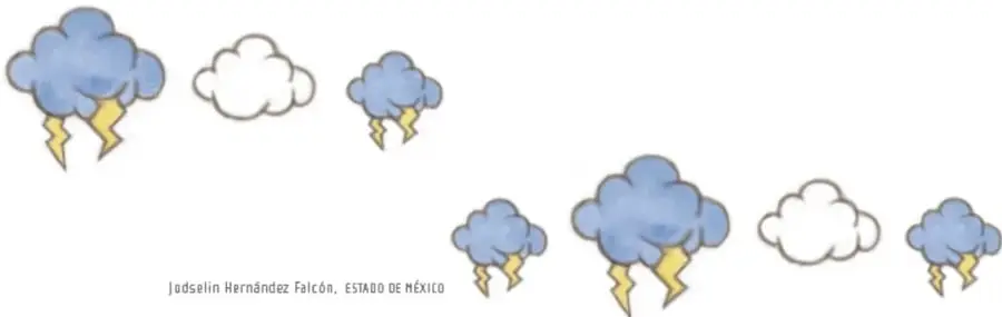 Musicograma con nubes: primera fila con nube azul grande con relámpago, nube blanca y nube azul; segunda fila con nube azul pequeña, nube azul grande con relámpago, nube blanca y nube azul con relámpago. Crédito: Jodselin Hernández Falcón, Estado de México.