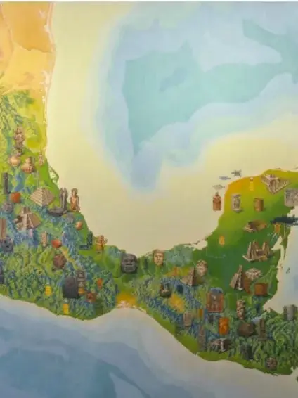 Ilustración de un paisaje mesoamericano con cerros, agua, milpas, pirámides y personajes realizando actividades cotidianas.