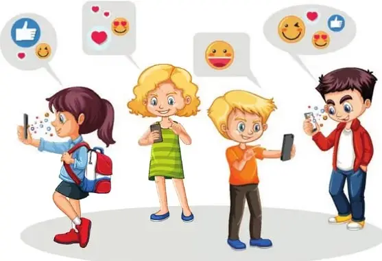 Ilustración de una persona sonriente con emojis flotando junto a un smartphone.