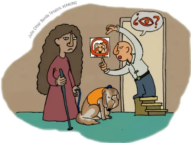 Ilustración de una mujer con bastón y un perro guía frente a un cartel con una señal de prohibición, mientras un hombre subido a un banco señala el cartel con un signo de interrogación en un globo de pensamiento. Escena de discriminación.