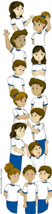 Ilustración de ocho estudiantes de primaria con uniforme deportivo (playera blanca y short azul) en distintas actitudes: levantando la mano, con brazos cruzados, dialogando y corriendo.