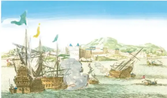 Grabado antiguo de un combate naval: galeones con banderas disparando cañones cerca de una ciudad costera fortificada.