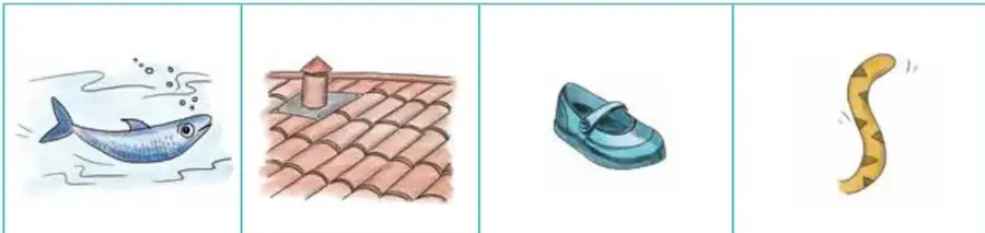 Cuatro recuadros con dibujos: una sardina, un tejado de tejas, un zapato azul y un gusano amarillo.