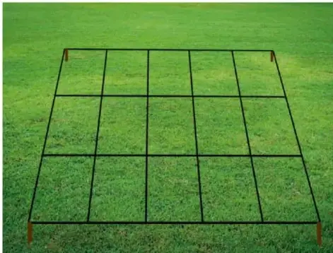Fotografía de un cuadrante: cuadrícula de cuerdas negras sostenida por varillas, colocada sobre un terreno de pasto, rotulada 'Cuadrante' en rosa.