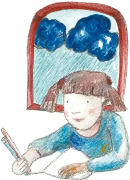 Ilustración de una niña escribiendo en una hoja, con una ventana que muestra nubes azules.