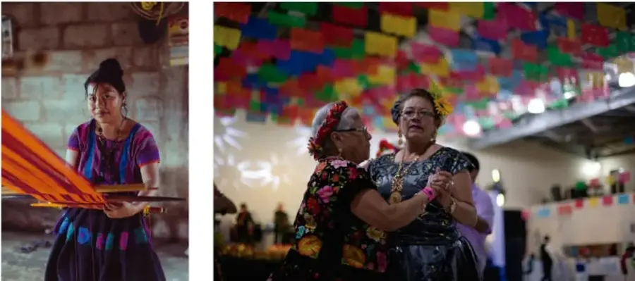 Mujer indígena con vestimenta tradicional trabajando en un telar con hilos de colores