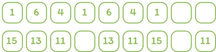 Dos filas de casilleros redondeados con números: 1, 6, 4, 1, 6, 4, 1 y dos casilleros vacíos; y 15, 13, 11, con un casillero vacío, 13, 11, 15, un casillero vacío y 11.