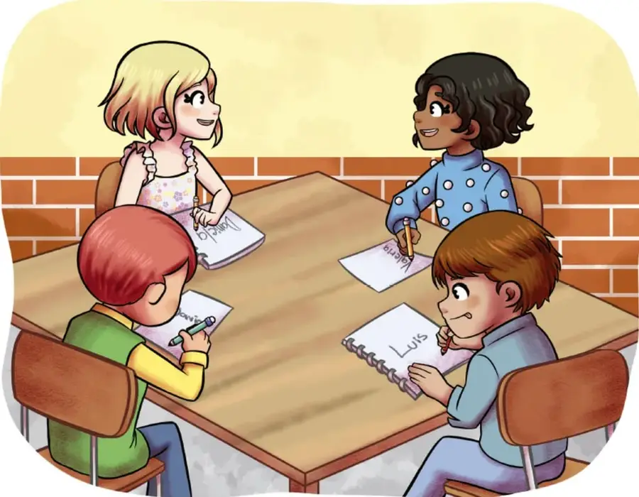 Ilustración de cuatro estudiantes sentados alrededor de una mesa de madera escribiendo en hojas; uno de ellos escribe el nombre «Luis». Al fondo hay una pared de ladrillo.