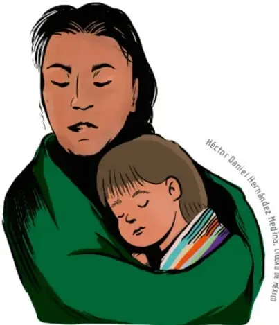 Ilustración de una mujer adulta con un rebozo verde abrazando a un bebé dormido. Crédito: Héctor Daniel Hernández M., María Isabel Cruz M.