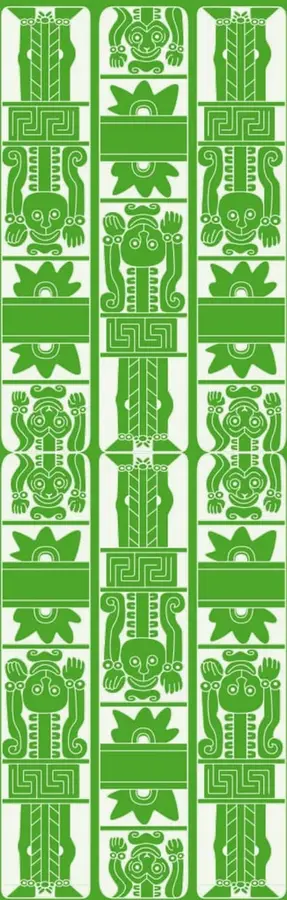 Franja vertical verde con tres columnas de figuras estilizadas de estilo mesoamericano (seres antropomorfos, motivos geométricos y florales) que decoran la página de apertura.