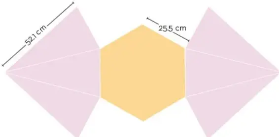 Desarrollo plano formado por un hexágono regular central y seis triángulos isósceles; se indican 52.1 cm y 25.5 cm.