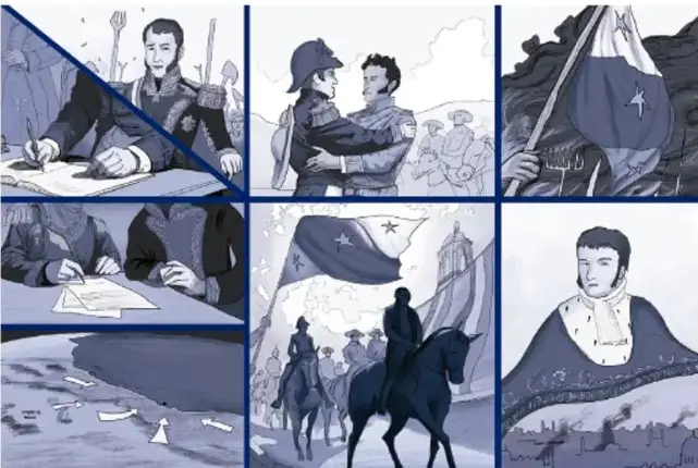Ilustración de seis viñetas con escenas de la Independencia de México (figuras históricas, banderas, jinetes), obra de Rodrigo Gael Martínez Zúñiga, Ciudad de México.