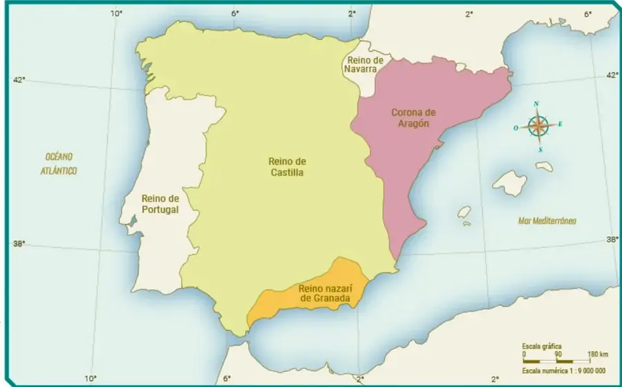 Mapa histórico de la península ibérica titulado 'Diferencia de los reinos de Castilla y Aragón'. Muestra la división territorial: Reino de Castilla (verde), Corona de Aragón (rosa), Reino de Navarra (gris), Reino de Portugal (gris) y Reino nazarí de Granada (amarillo). Incluye océano Atlántico, mar Mediterráneo, rosa de los vientos y escala gráfica.